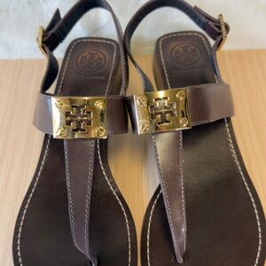 Tory Burch Dark Brown Sandals with Gold Details